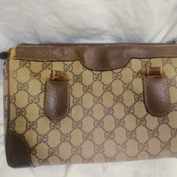 Gucci Vintage GG Logo Boston / Doctor Brown Tan Leather Handbag - FLAW - Picture 2 of 16